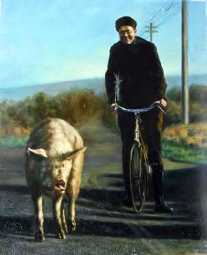 1307-T2 | 50cm x 61cm | homme à vélo et cochon 